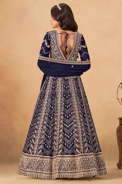 Embroidered Pakistani Wedding Gown - Navy Blue Anarkali Suit With Santoon Bottom