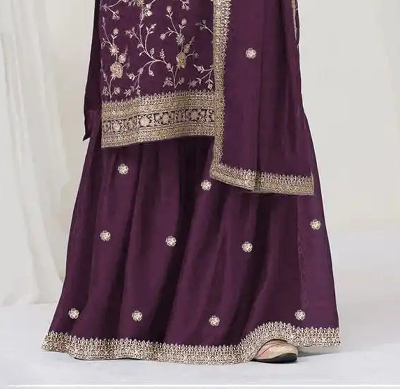 Pakistani Style Salwar Kameez Palazzo Dress In Wine Color - Detail Shot