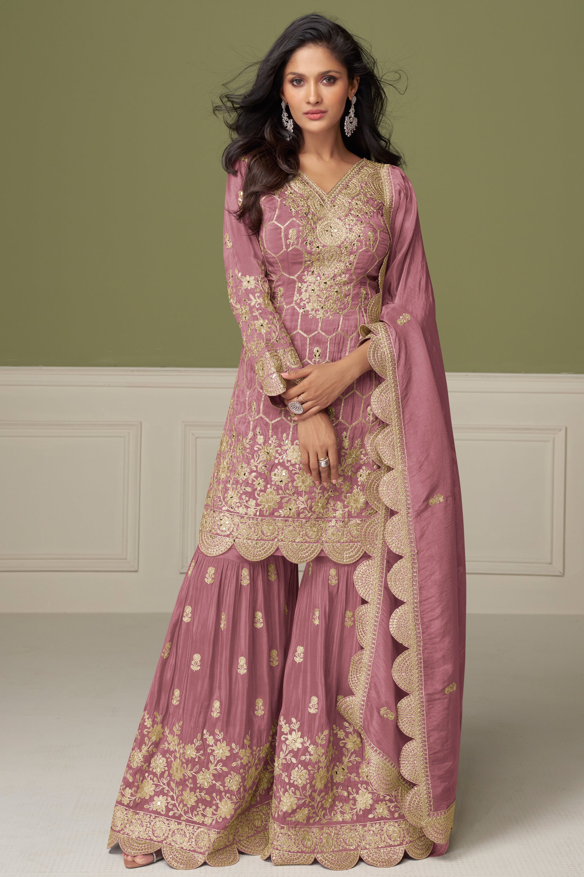 Rose Gold Embroidered Sharara Suit Pakistani Wedding Wear Front View