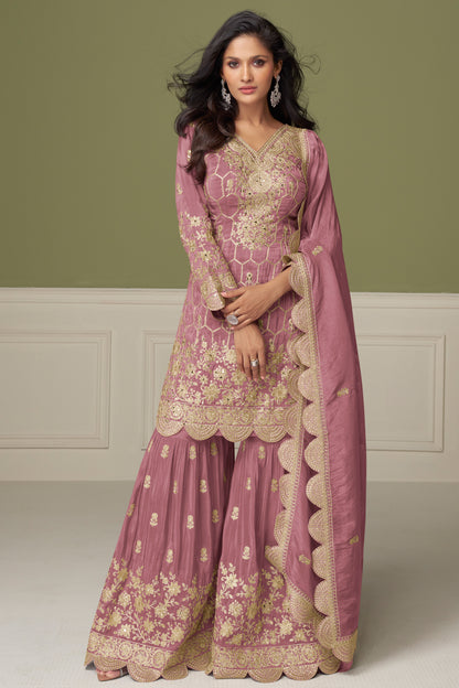 Rose Gold Embroidered Sharara Suit Pakistani Wedding Wear Front View