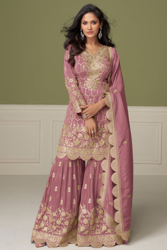 Rose Gold Embroidered Sharara Suit Pakistani Wedding Wear Front View