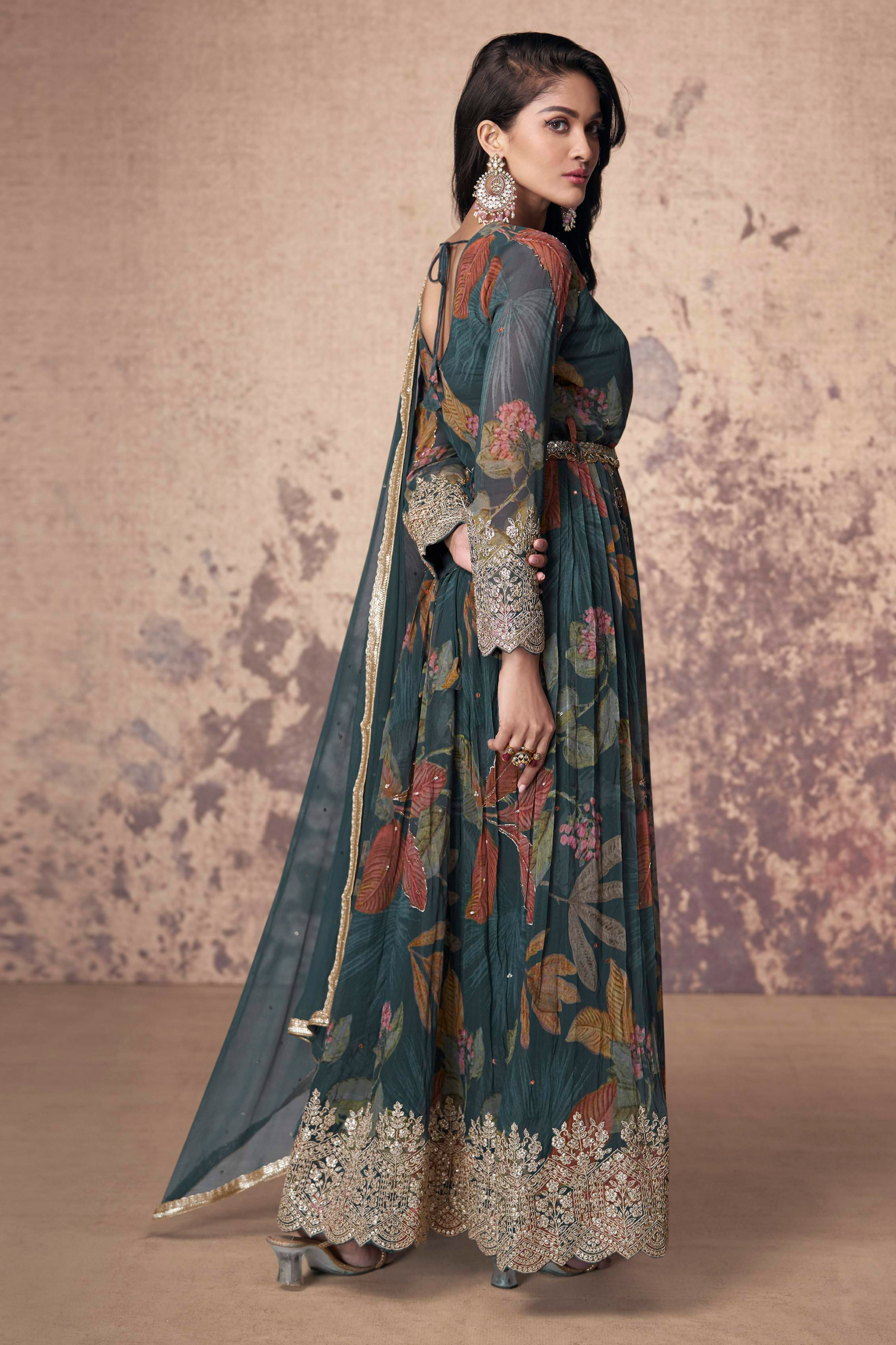 Reception-Wedding Special Teal Blue Real Georgette Pakistani Anarkali Dresses With Dupatta