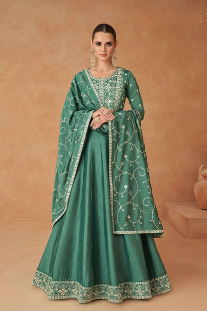 Pakistani Long Green Premium Silk Wedding Anarkali Dress With Dupatta For Women