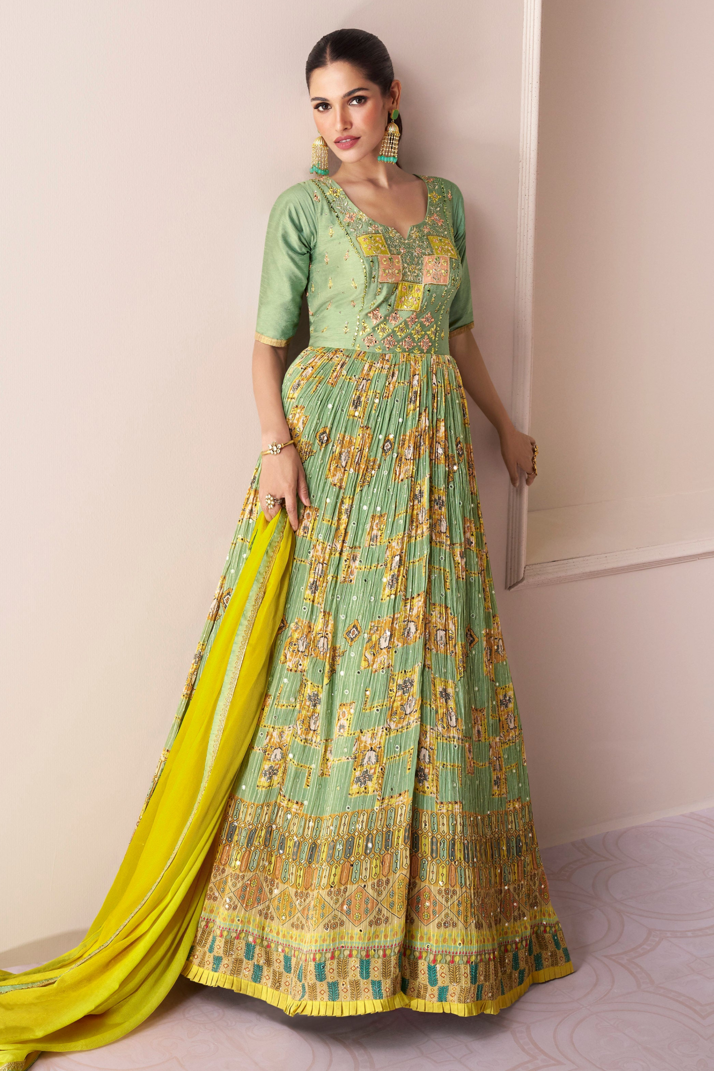 Green Embroidered Pakistani Anarkali Gown With Dupatta For Wedding Reception USA