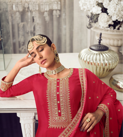 Red Silk Salwar Kameez With Embroidery Work - Indian Ethnic Wear