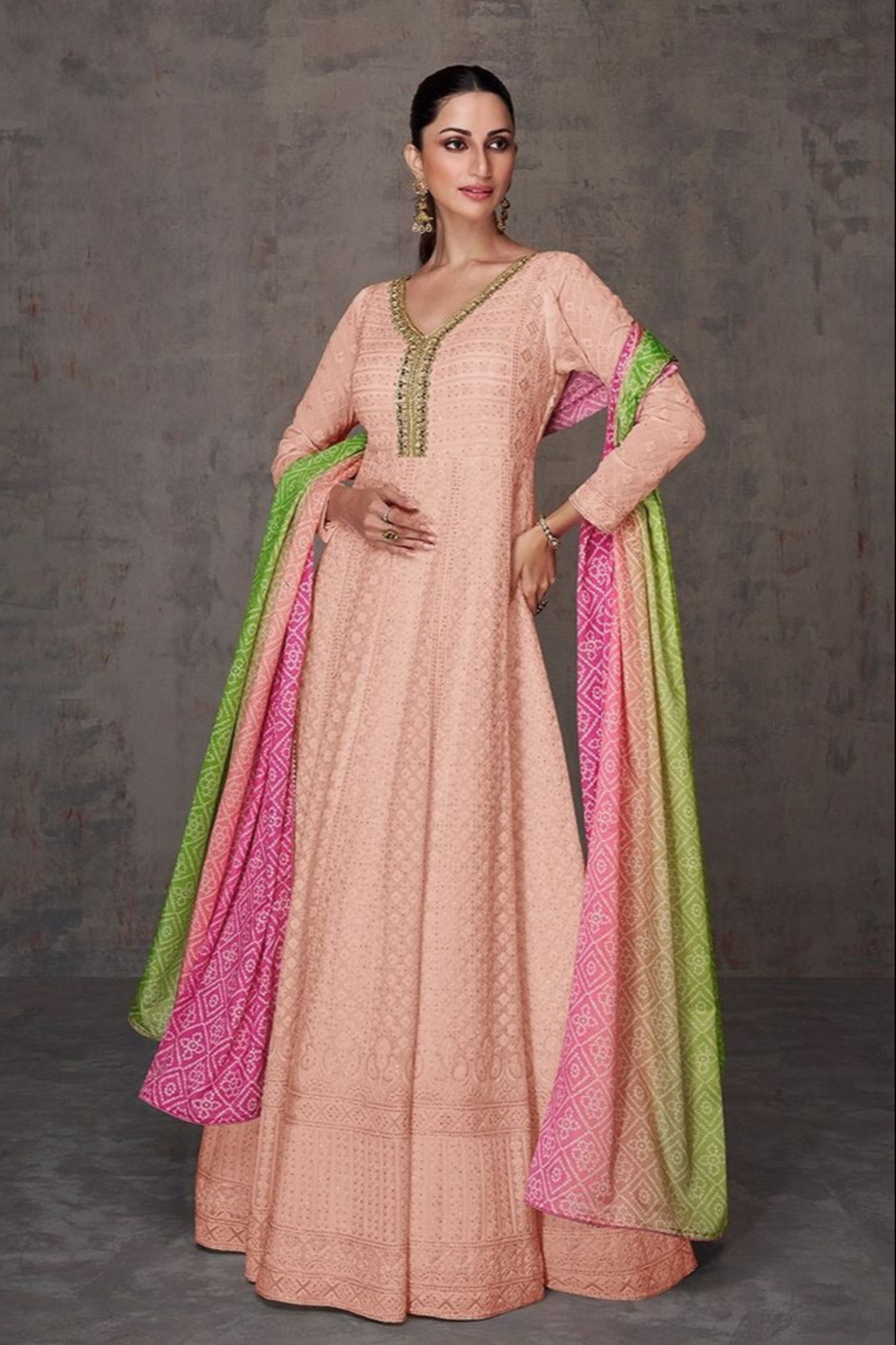 Peach Anarkali Gown With Dupatta | Indian Wedding Dress USA