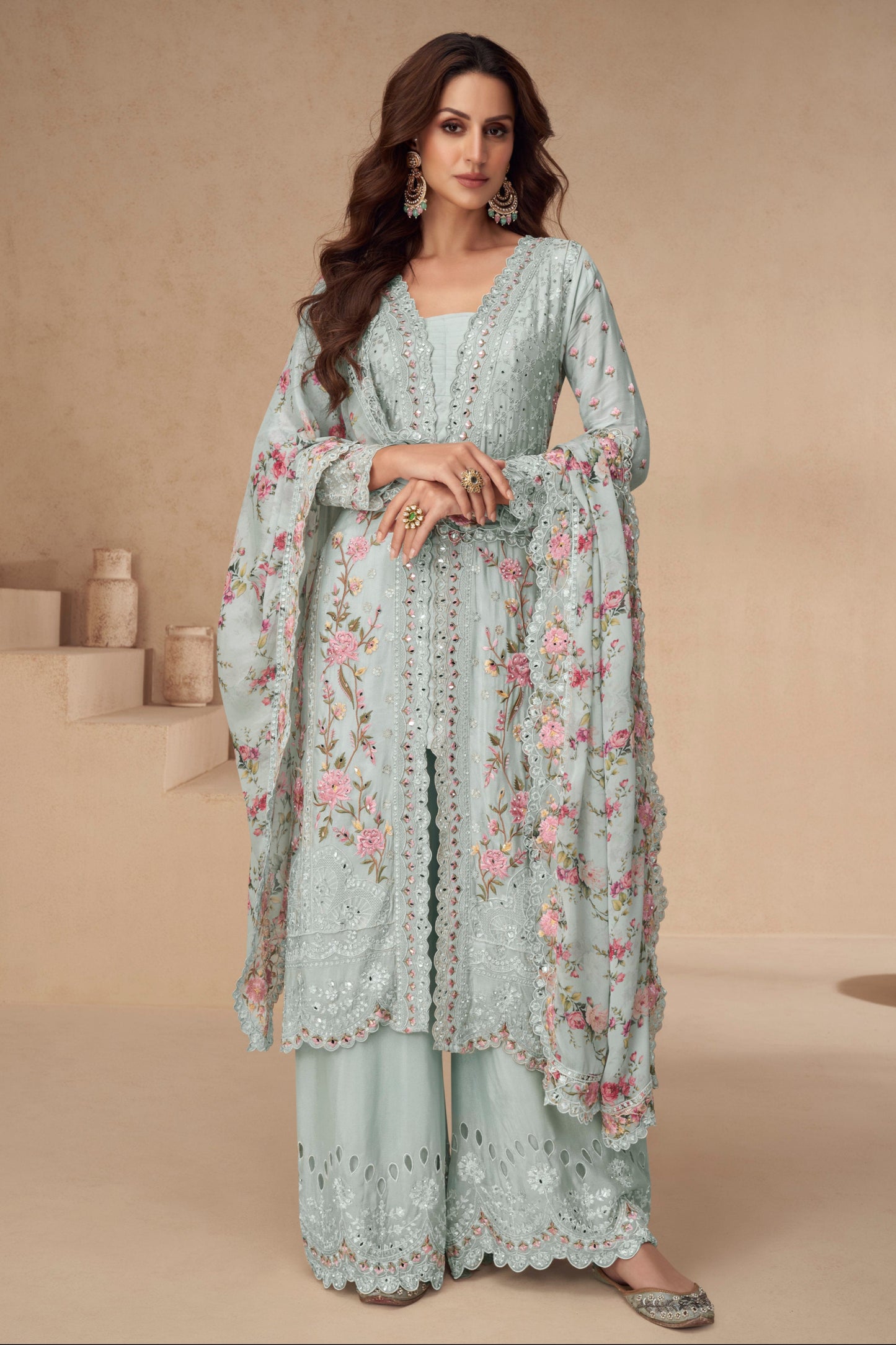 Sky Blue Embroidered Chinon Silk Palazzo Salwar Kameez Wedding Suit For Women USA