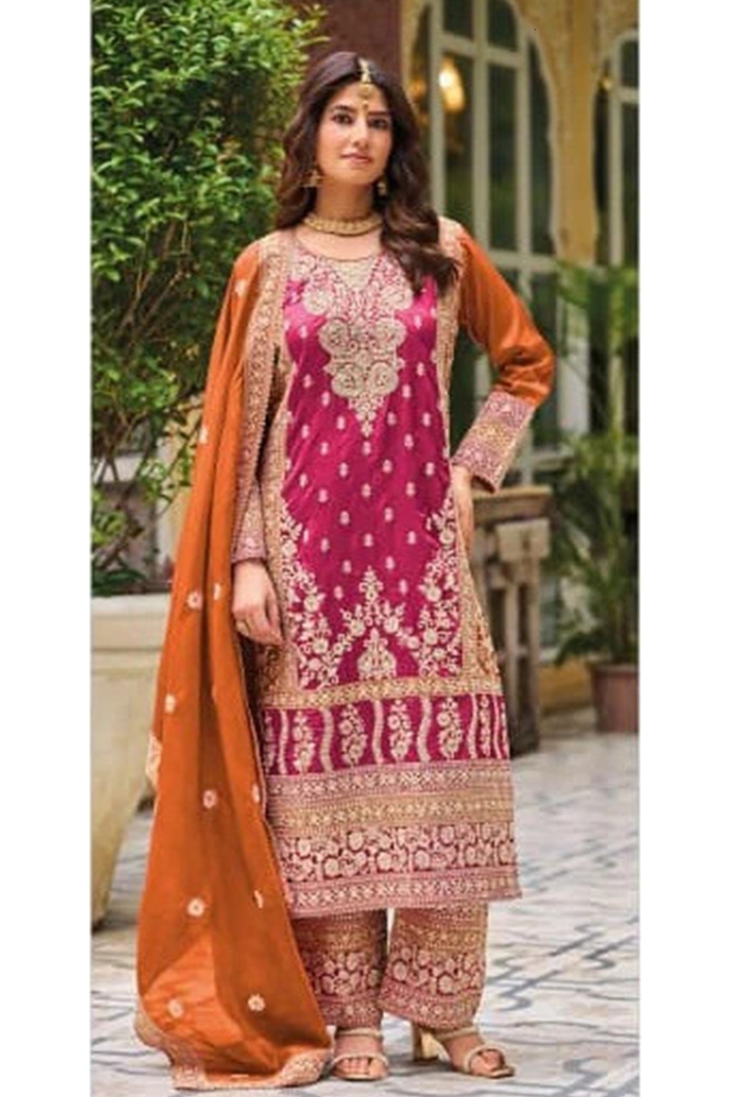 Pink Embroidered Pakistani Wedding Salwar Kameez Palazzo Suit With Heavy Chinon Fabric And Sequin Work