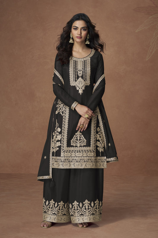 Black color palazzo suit with embroidery work, featuring timeless elegance and classic charm perfect for festive and evening occasions.
