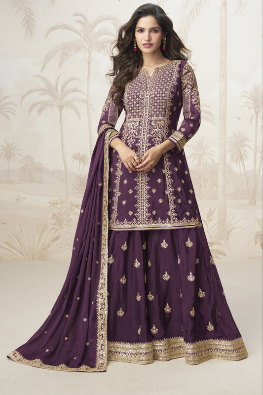 Wine color palazzo suit with embroidery work, exuding rich elegance and timeless charm, perfect for festive celebrations and special occasions.
