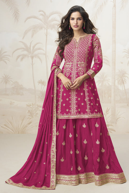 Pink color palazzo suit with embroidery work, offering a soft and graceful look ideal for festive and traditional events.
