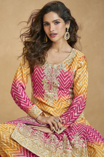 Lovely pink and yellow outfit with vibrant tones, perfect for festive celebrations, haldi functions, and cheerful occasions.
