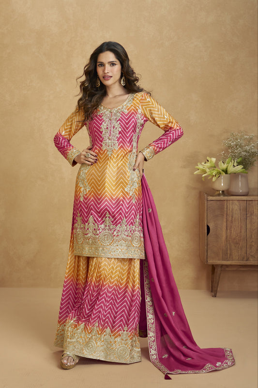 Lovely pink and yellow outfit with vibrant tones, perfect for festive celebrations, haldi functions, and cheerful occasions.
