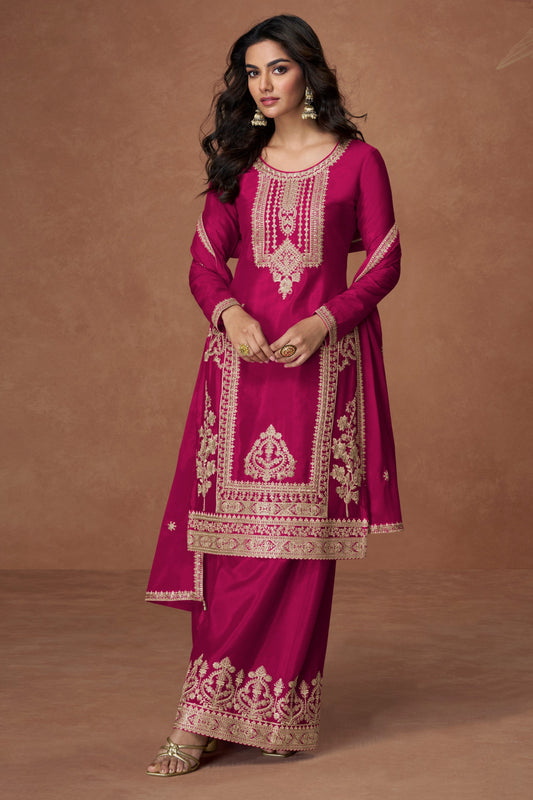 Pink color palazzo suit with embroidery work, offering a simple yet elegant look ideal for festive and traditional occasions.
