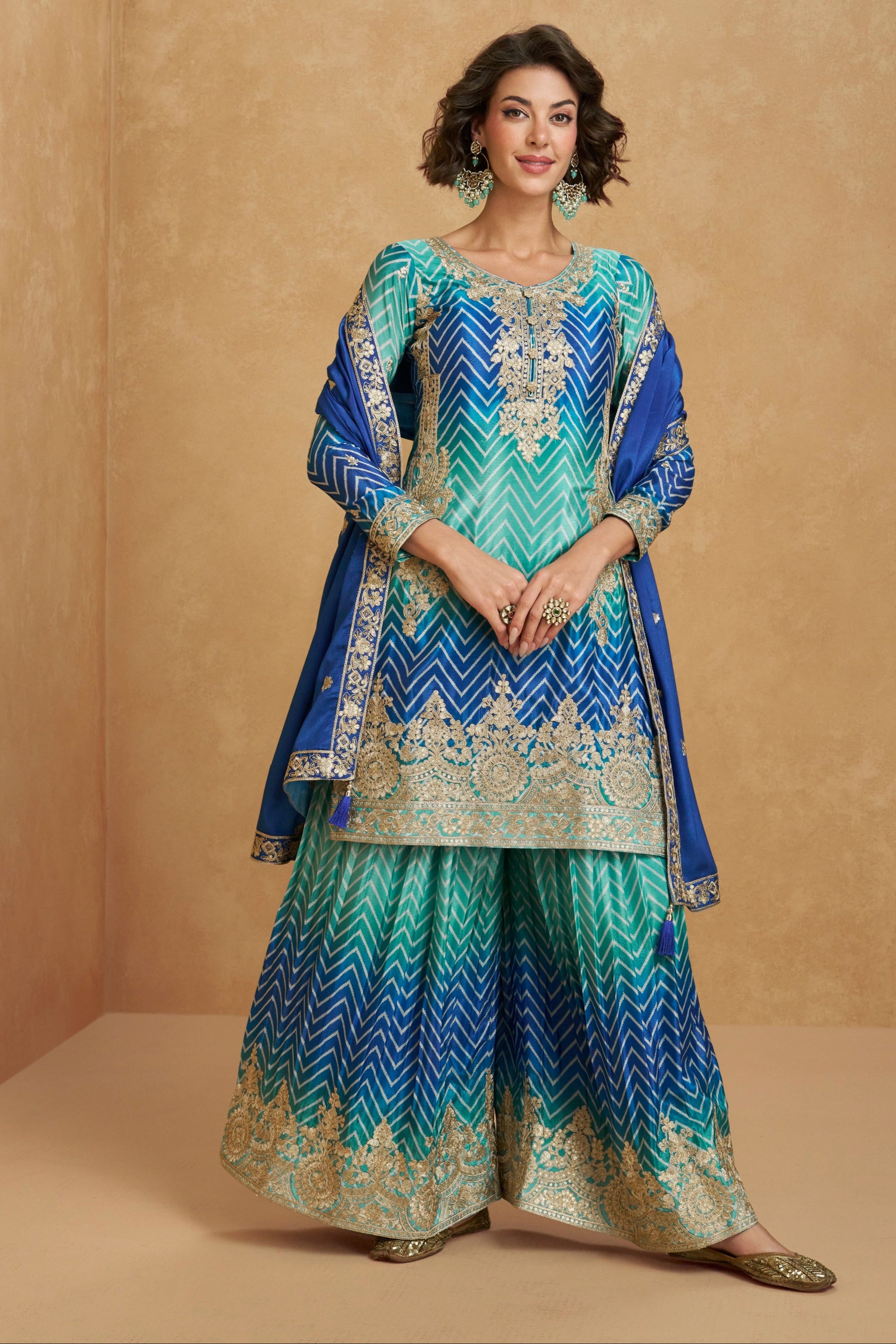 blue palazzo set with a modern ethnic touch, perfect for casual outings and festive gatherings.
