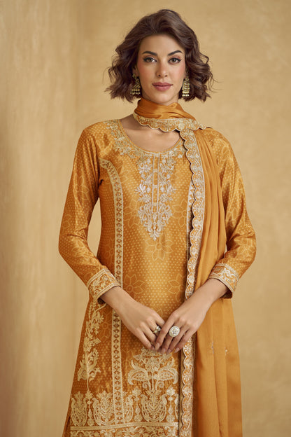 Elegant mustard color palazzo set with a traditional vibe, perfect for festive events, haldi functions, and family gatherings.
