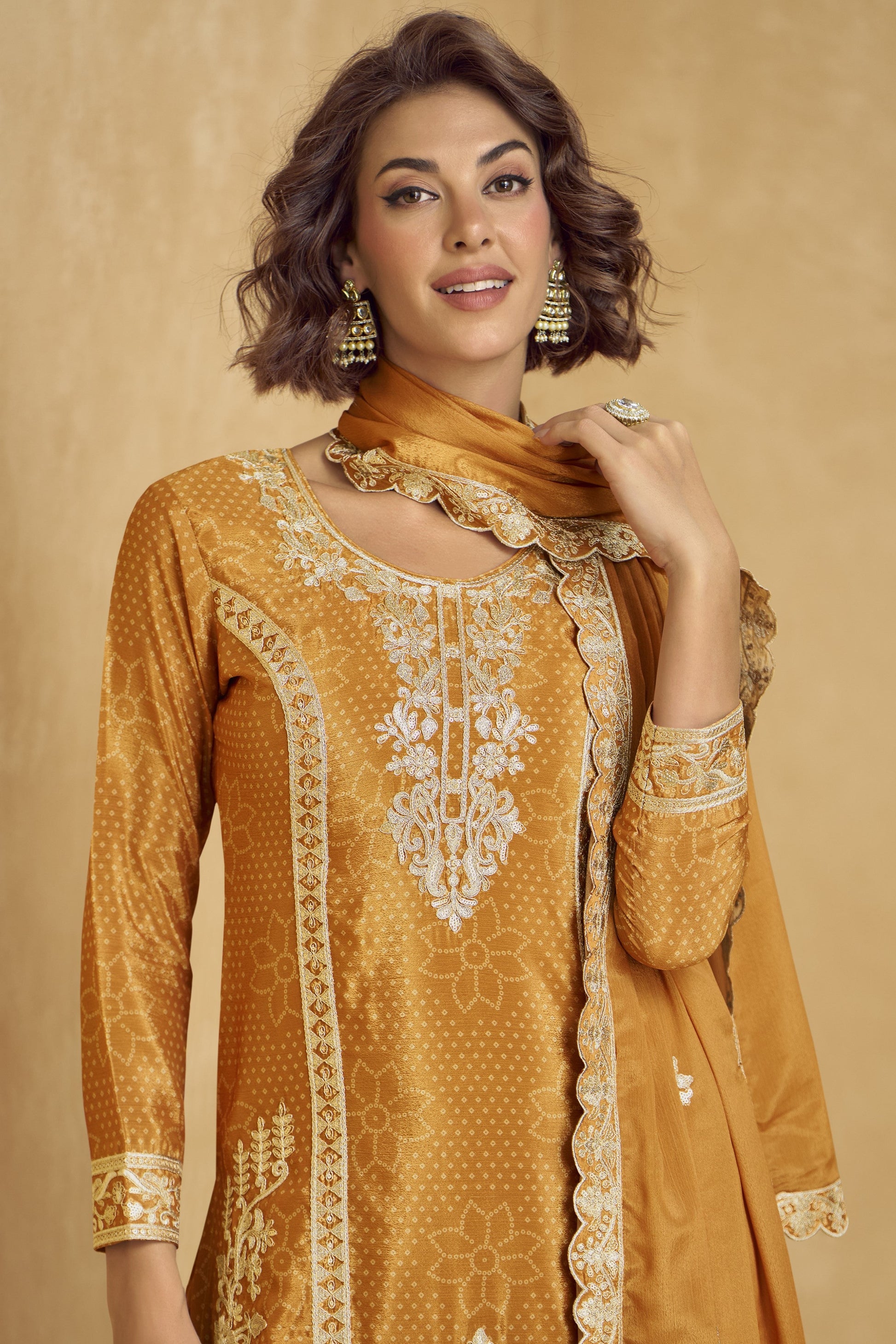 Elegant mustard color palazzo set with a traditional vibe, perfect for festive events, haldi functions, and family gatherings.
