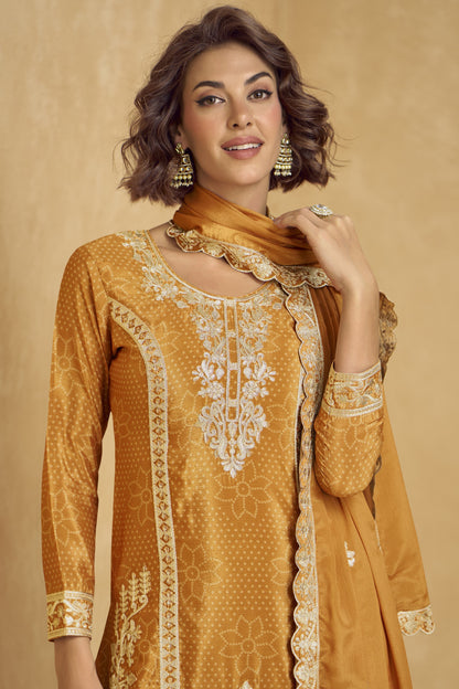Elegant mustard color palazzo set with a traditional vibe, perfect for festive events, haldi functions, and family gatherings.
