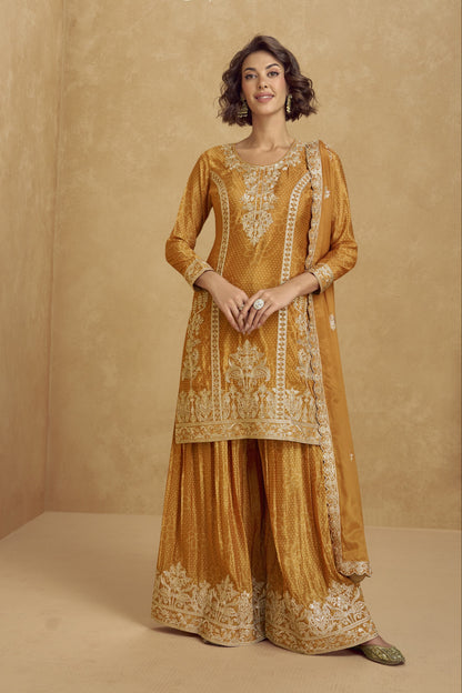 Elegant mustard color palazzo set with a traditional vibe, perfect for festive events, haldi functions, and family gatherings.
