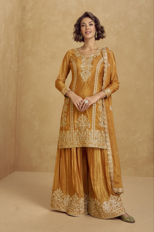 Elegant mustard color palazzo set with a traditional vibe, perfect for festive events, haldi functions, and family gatherings.

