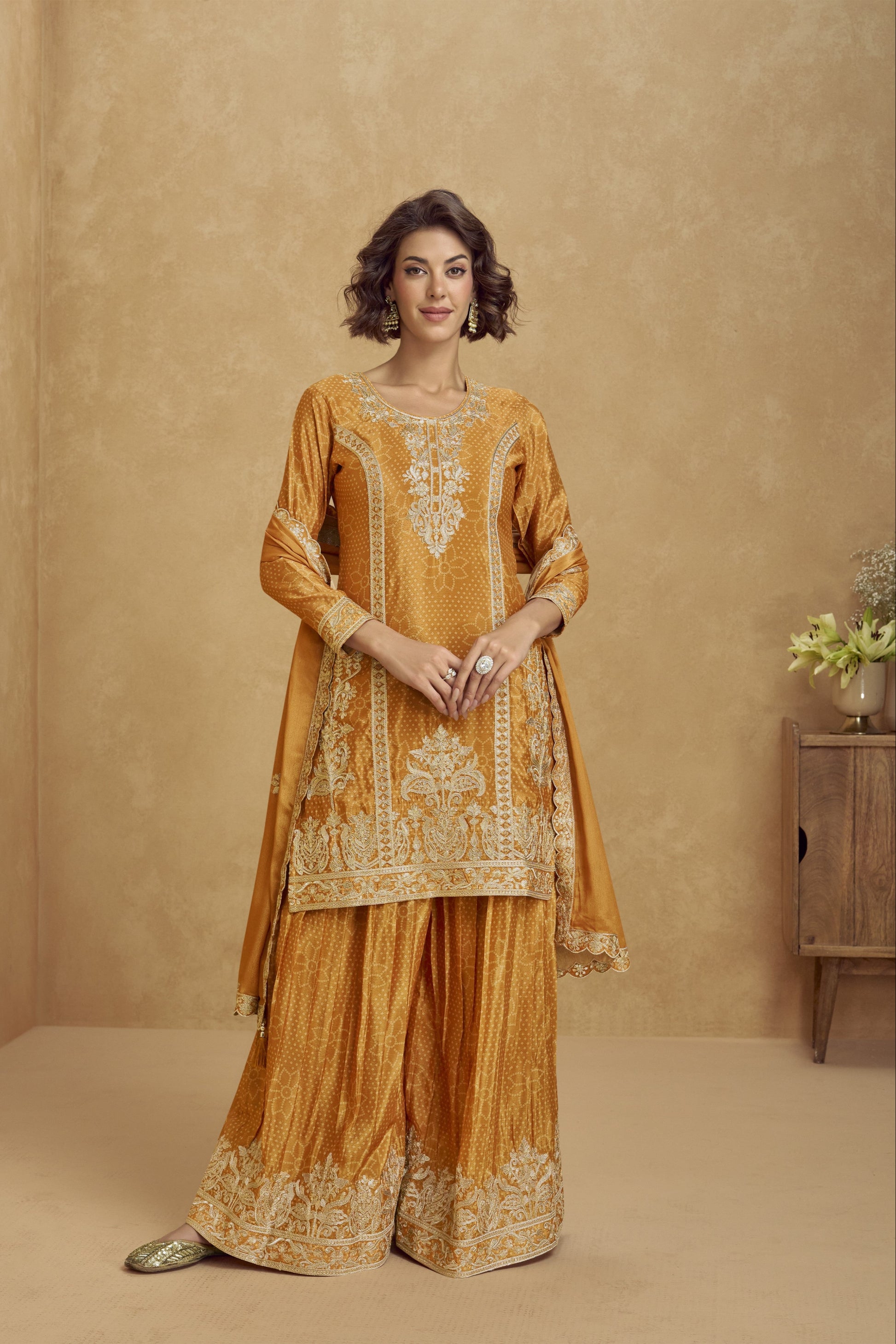 Elegant mustard color palazzo set with a traditional vibe, perfect for festive events, haldi functions, and family gatherings.
