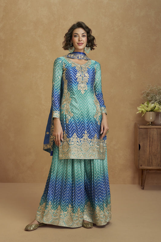 blue palazzo set with a modern ethnic touch, perfect for casual outings and festive gatherings.
