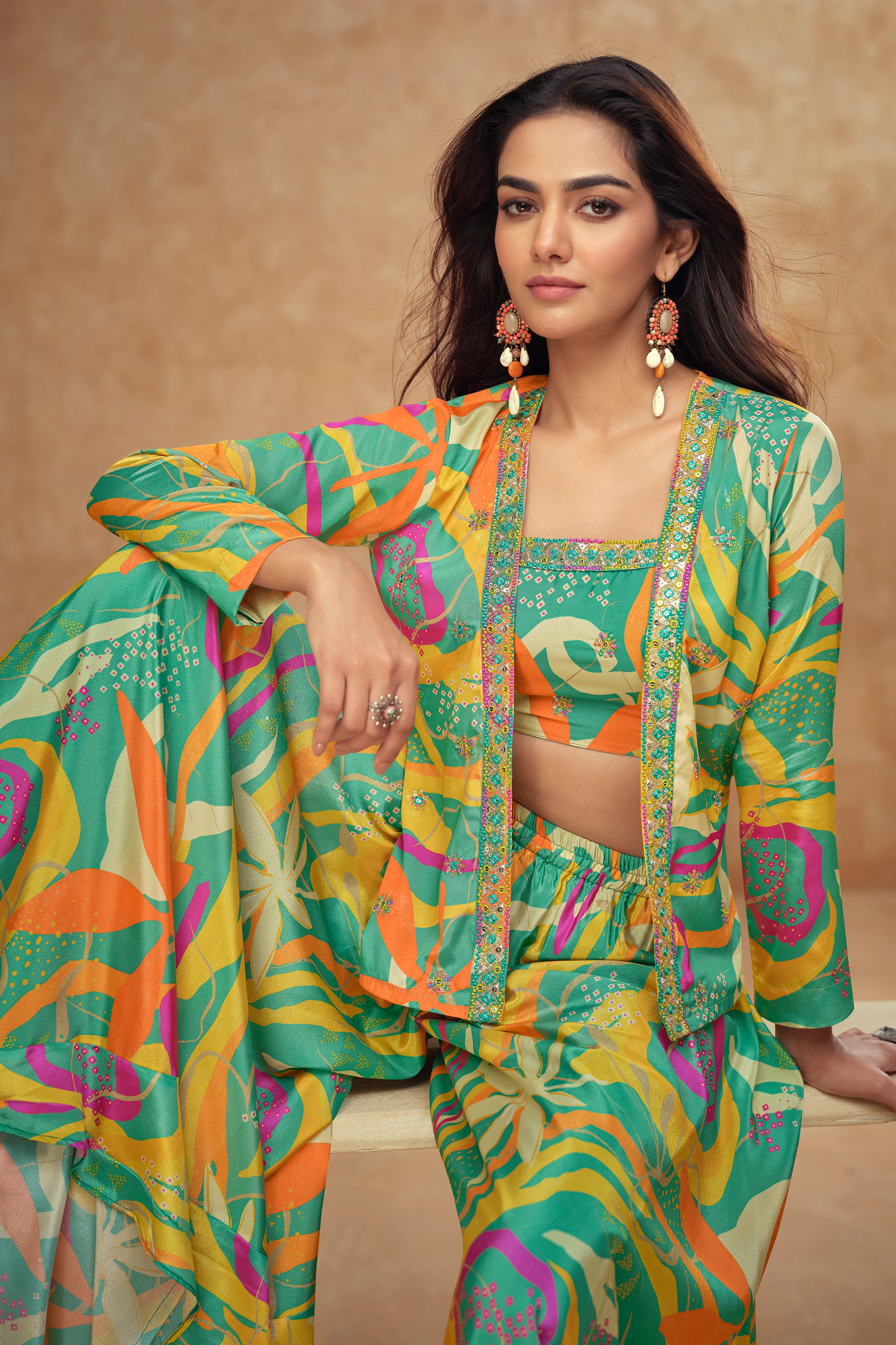 Beautiful Party Wear – Real Chinon & Silk Shrug Palazzo Dress For Women 