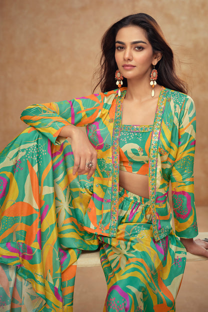 Beautiful Party Wear – Real Chinon & Silk Shrug Palazzo Dress For Women 