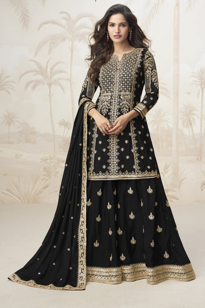 Black color palazzo suit with embroidery work, delivering a classic and elegant look perfect for festive, evening, and formal occasions.
