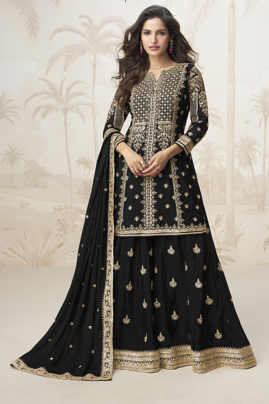 Black color palazzo suit with embroidery work, delivering a classic and elegant look perfect for festive, evening, and formal occasions.
