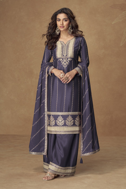 Navy blue color palazzo suit with embroidery work, showcasing a deep and elegant style perfect for festive gatherings and traditional events.

