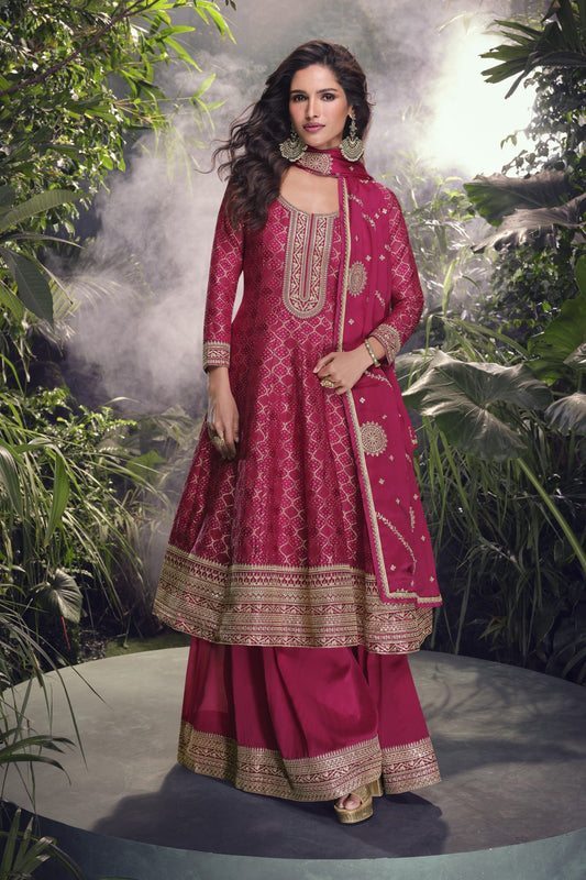 Pink color Anarkali gown in pure viscose silk with embroidery work, offering a graceful and refined look for festive and special occasions.
