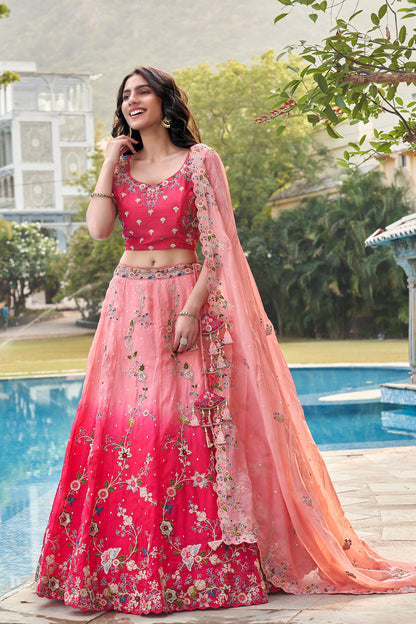 Women's Pink Organza Lehenga Choli With Embroidered Dupatta