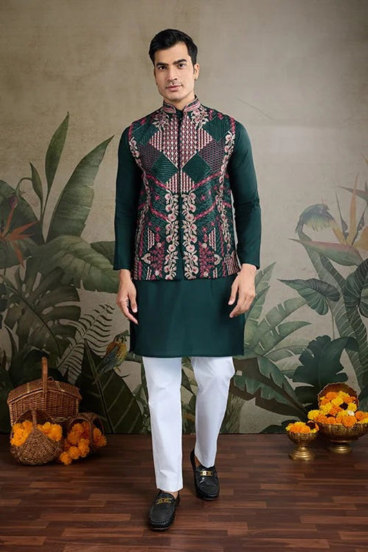 Exclusive Green Color Viscose Silk Kurta Set For Man Real Mirror Work With Matching Pant