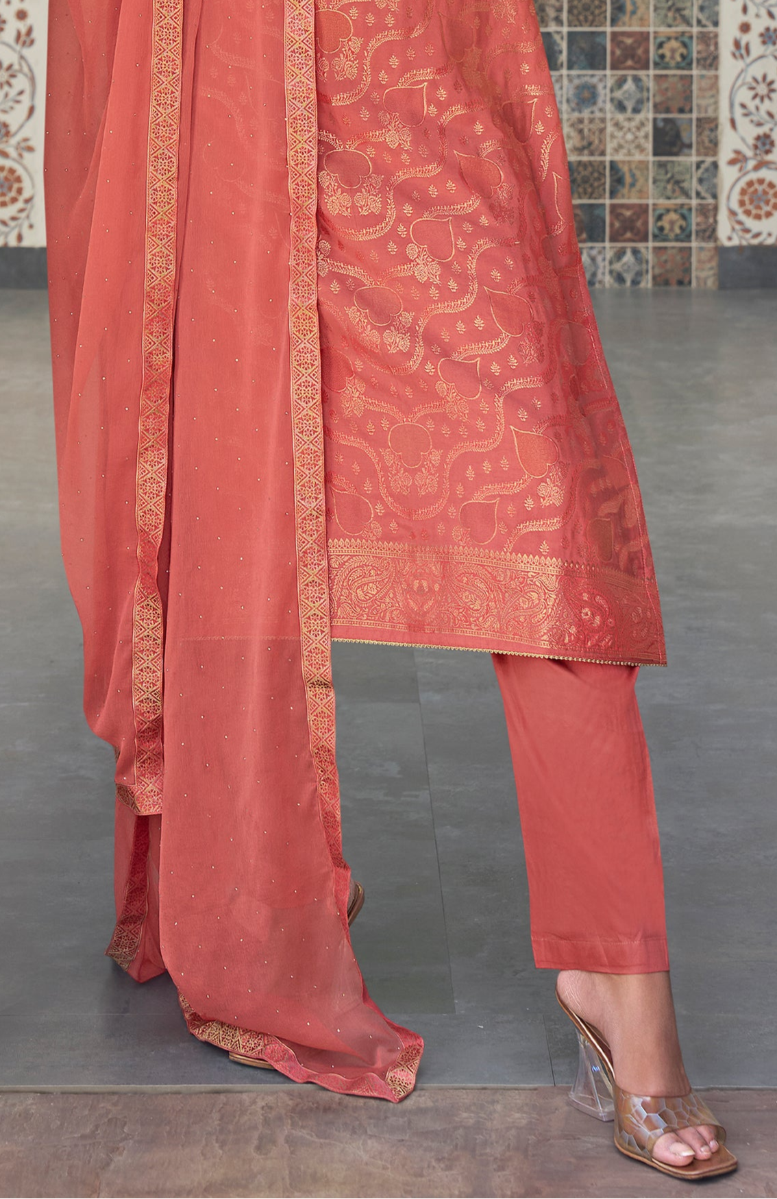 Designer Orange Salwar Kameez Pant Suit - Jacquard Fabric With Handwork USA Shipping"