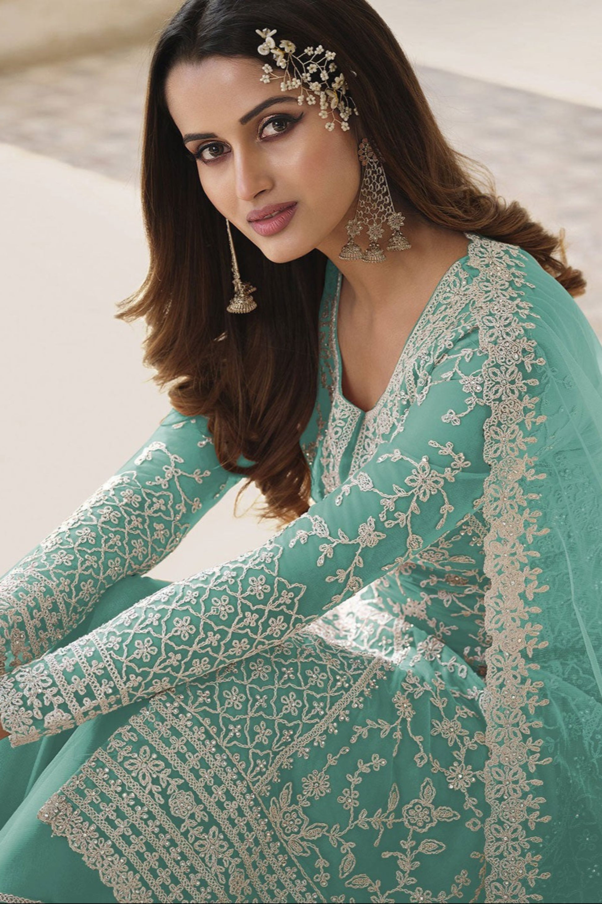 Sky Blue Eid Party Wear Salwar Kameez Dupatta Dress