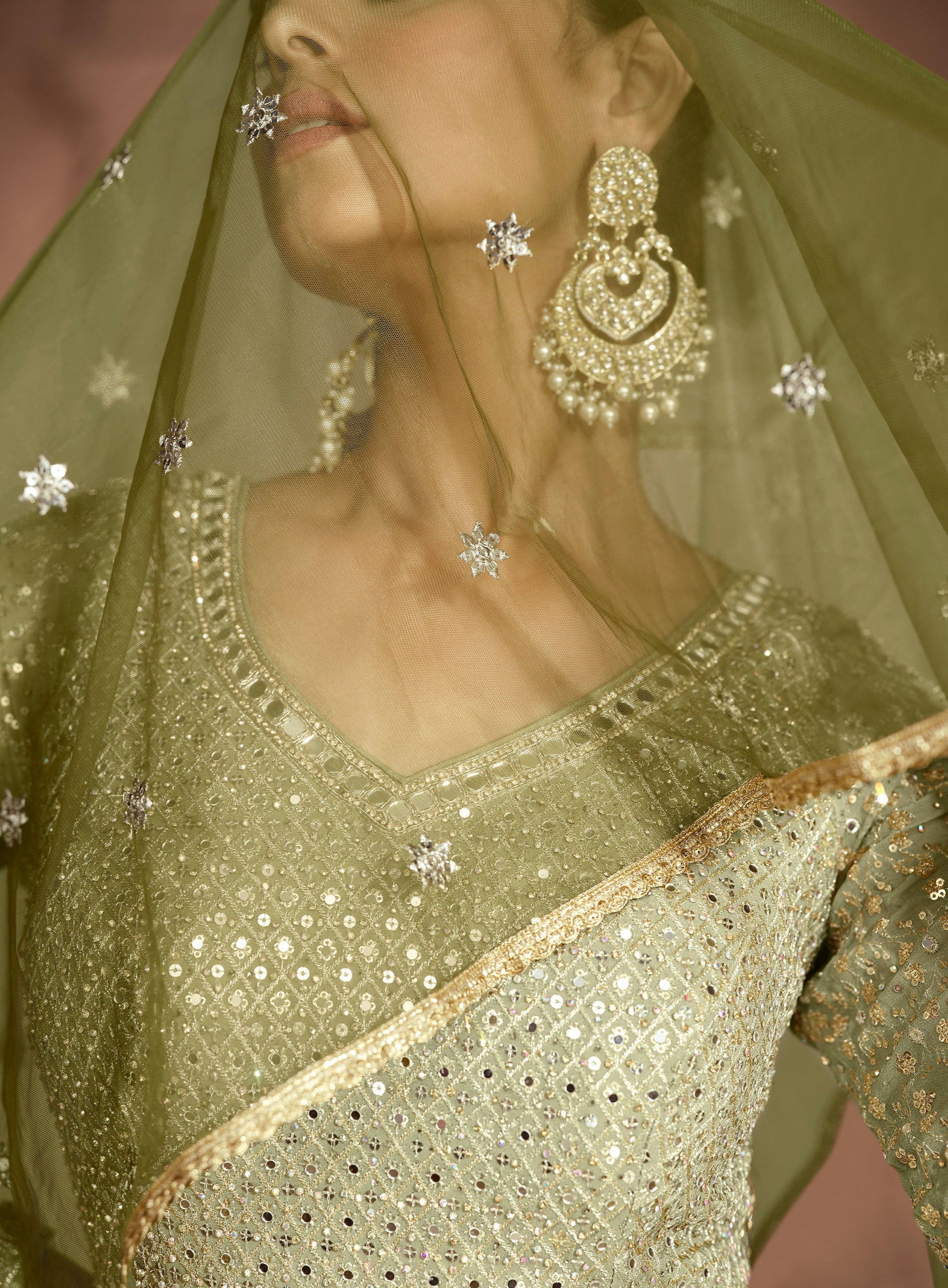 Olive Green Embroidered Gorgettle Beautiful Anarkali Gown Suits  For Western Women 