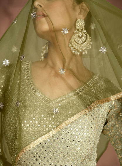 Olive Green Embroidered Gorgettle Beautiful Anarkali Gown Suits  For Western Women 