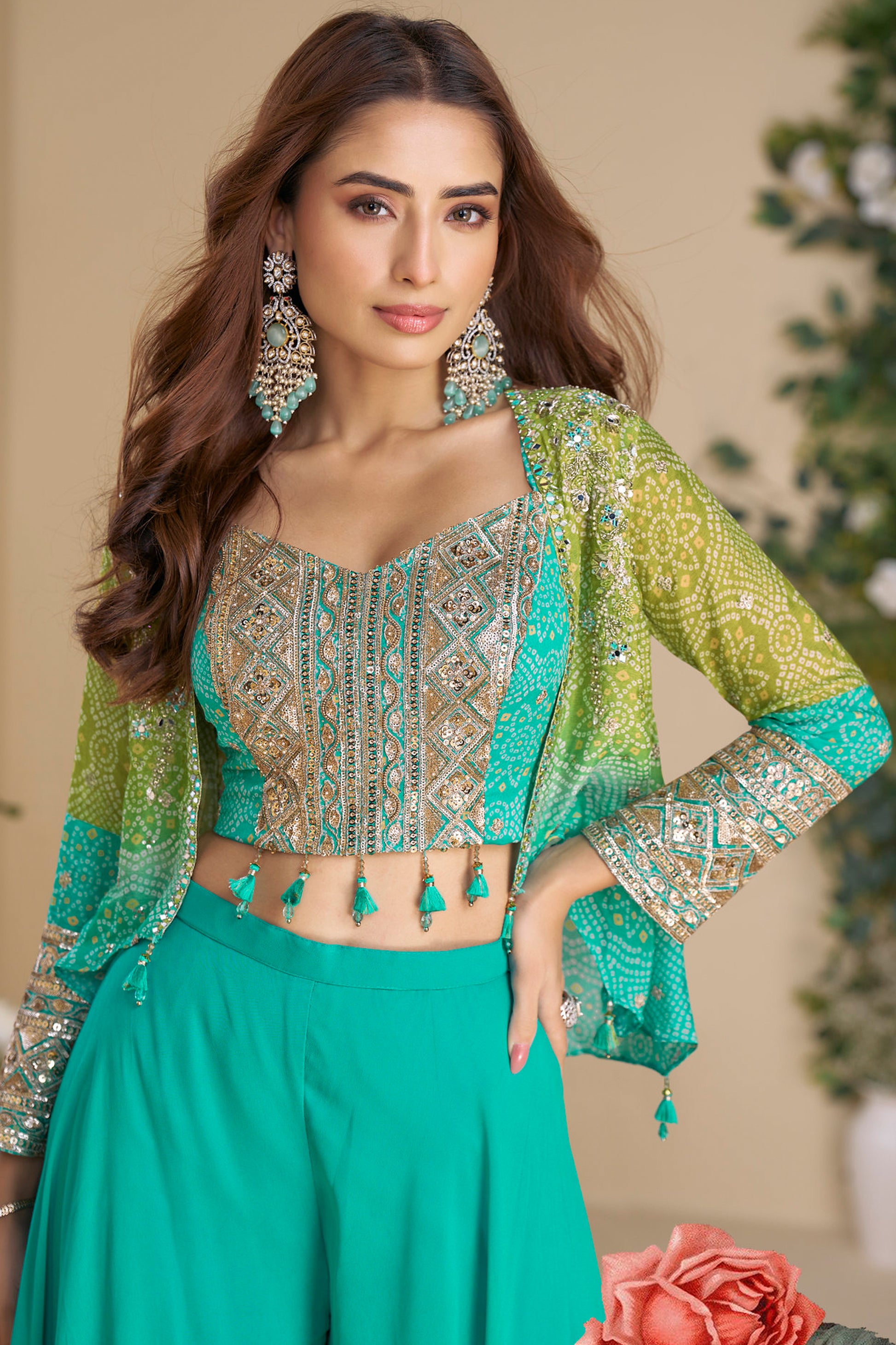 Mehndi Wear Green Palazzo Outfit - Bollywood Style Wedding Guest Dress