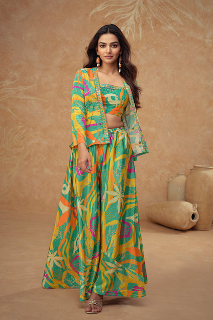 Elegant Party Wear – Real Chinon & Silk Shrug Palazzo Dress For Women