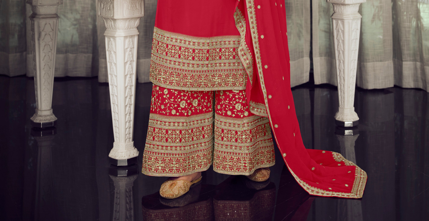 Red Salwar Kameez Dupatta Set - Wedding Party Wear For Women