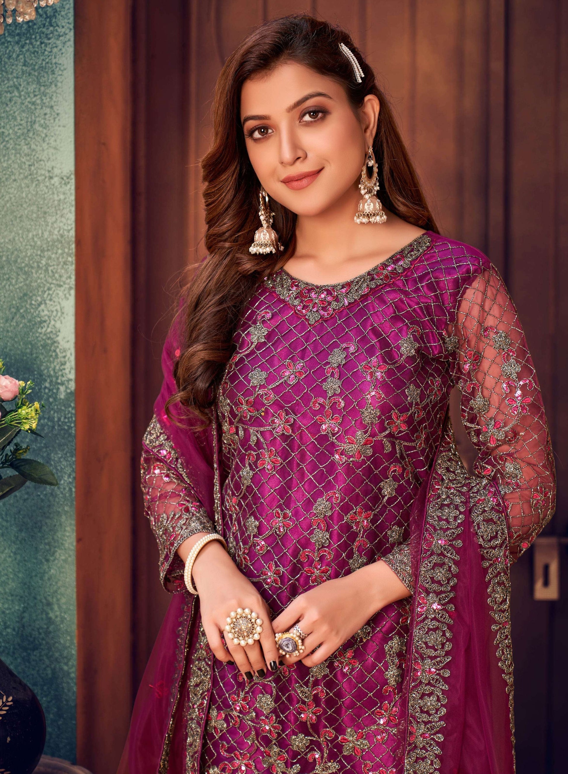 Purple Salwar Kameez With Heavy Gold Embroidery and Dupatta or Indian Parties and Weddings