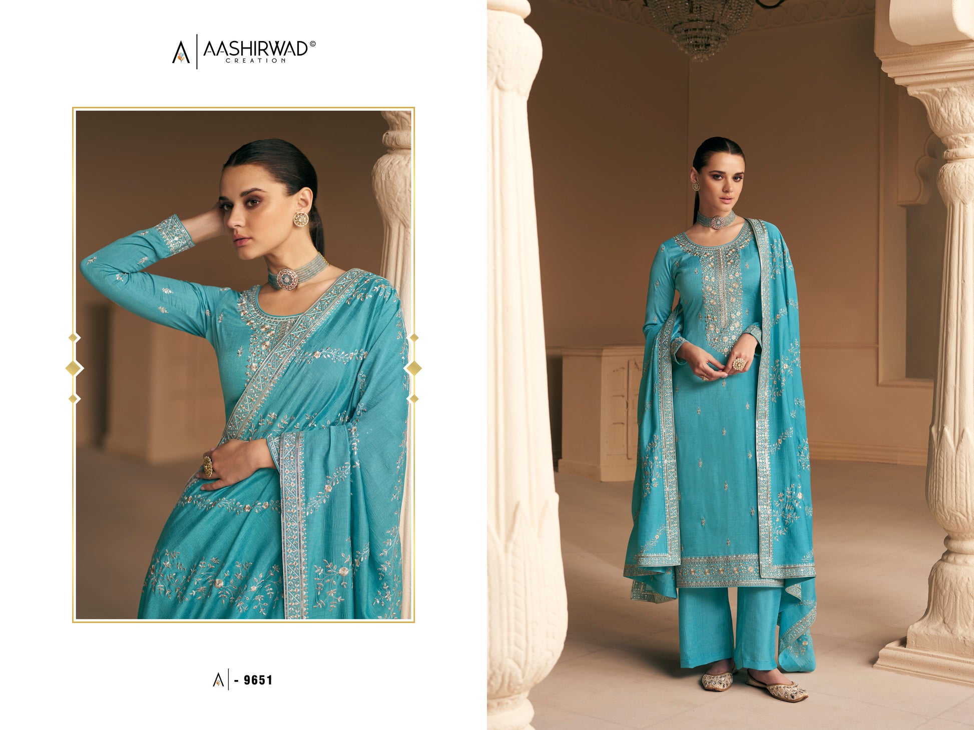 Sky Blue Chinon Silk Plazzo Salwar Kameez With Beautiful Embroidery
