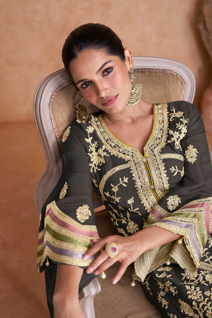 Elegant Black Chinon Salwar Suit with Sequin Work - Pakistani Indian Traditional Dress for Festive occasions