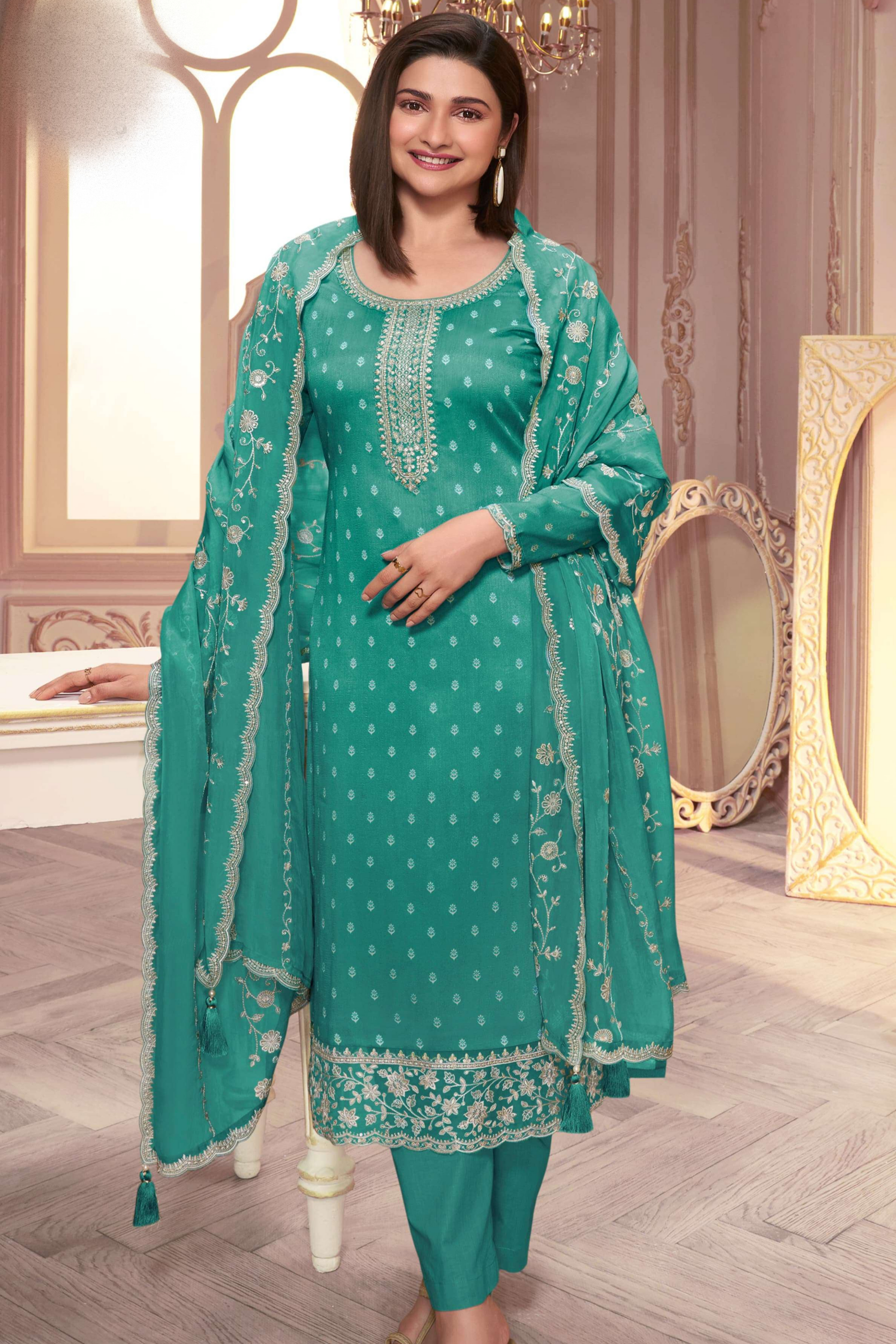 Teal Blue Embroidered Salwar Kameez With Dupatta - Front View Designer Pakistani Wedding Outfit