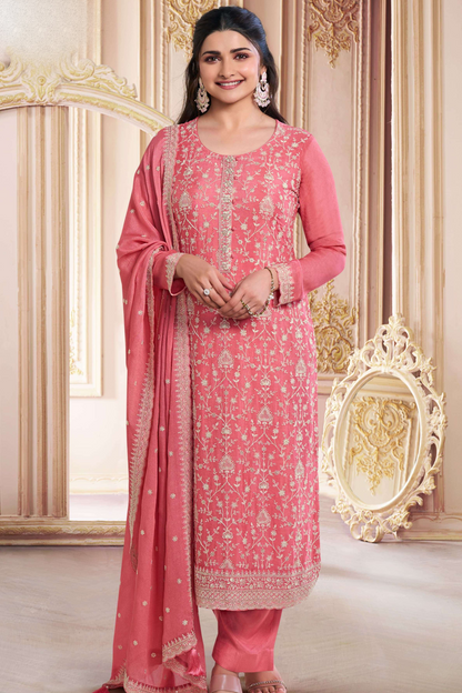 Peach Embroidery Stylish Chinon Silk Salwar Kameez For Occasions