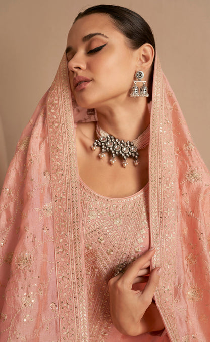 Peach Premium Silk  Bridal Salwar Kameez With Embroidery