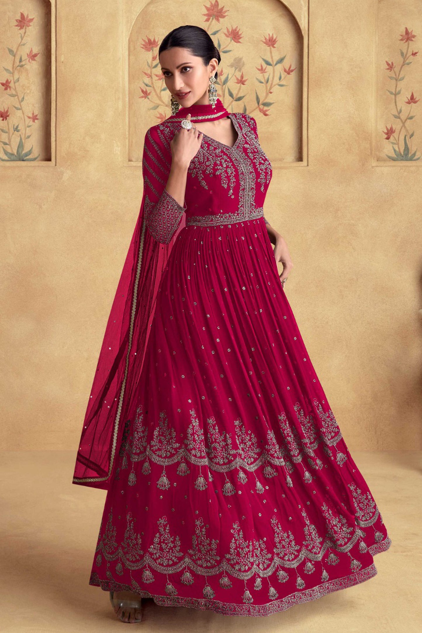 Stylish Dark Pink Embroidery Work Real Georgette Anarkali Gown With Net Dupatta 