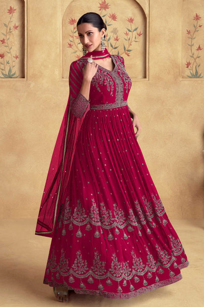 Stylish Dark Pink Embroidery Work Real Georgette Anarkali Gown With Net Dupatta 