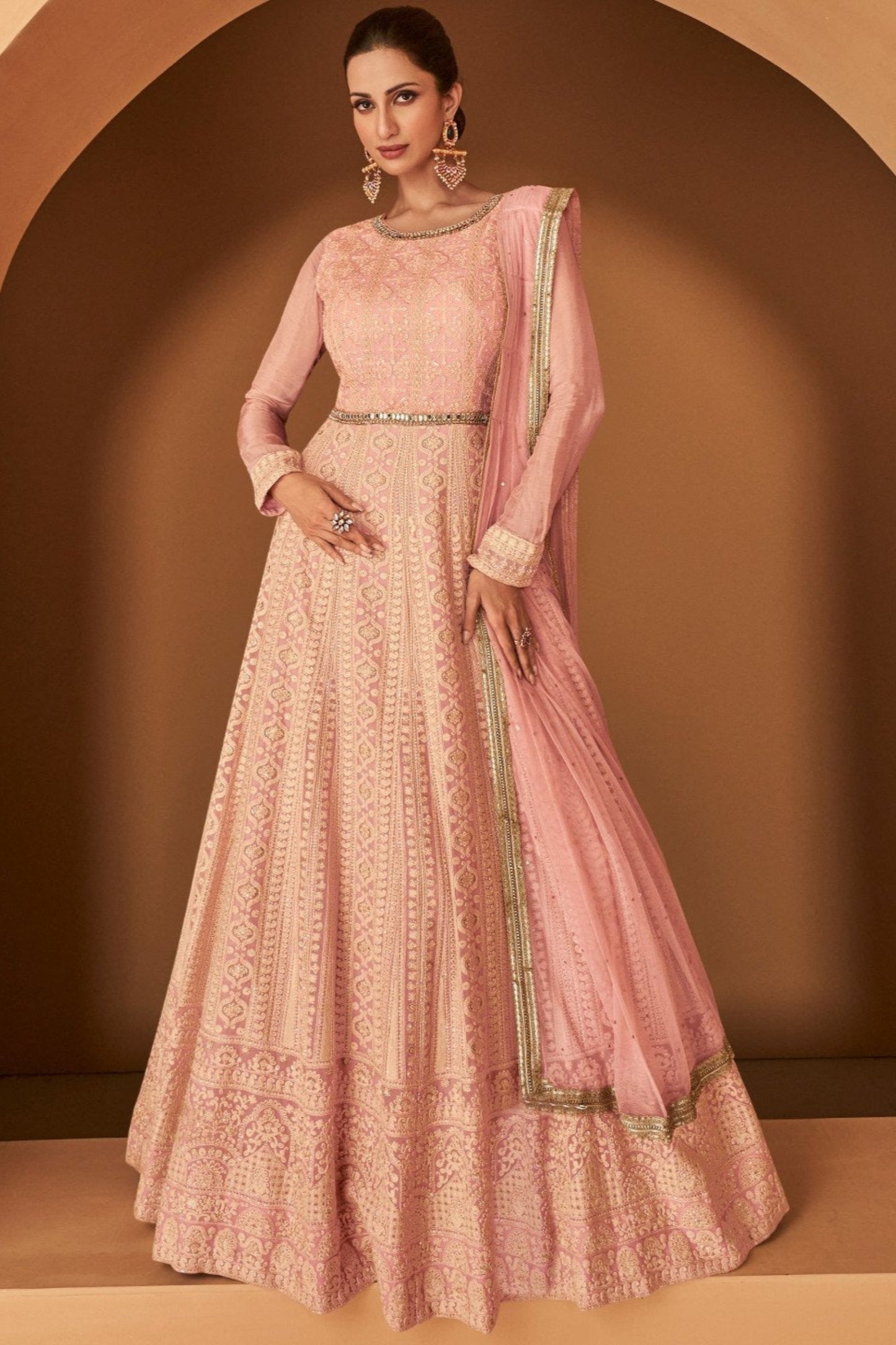 Peach Anarkali Gown With Net Dupatta For Wedding Reception Party Wear